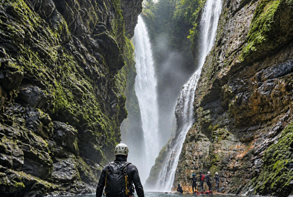 Visitante de costas, usando roupa de neoprene e capacete de segurança, contempla a imponente Cachoeira do Dragão, entre paredões rochosos na Chapada dos Veadeiros.