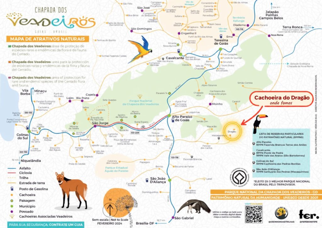 Mapa da Chapada dos Veadeiros com destaque para a localização da Cachoeira do Dragão, próxima a Alto Paraíso de Goiás, Brasil.